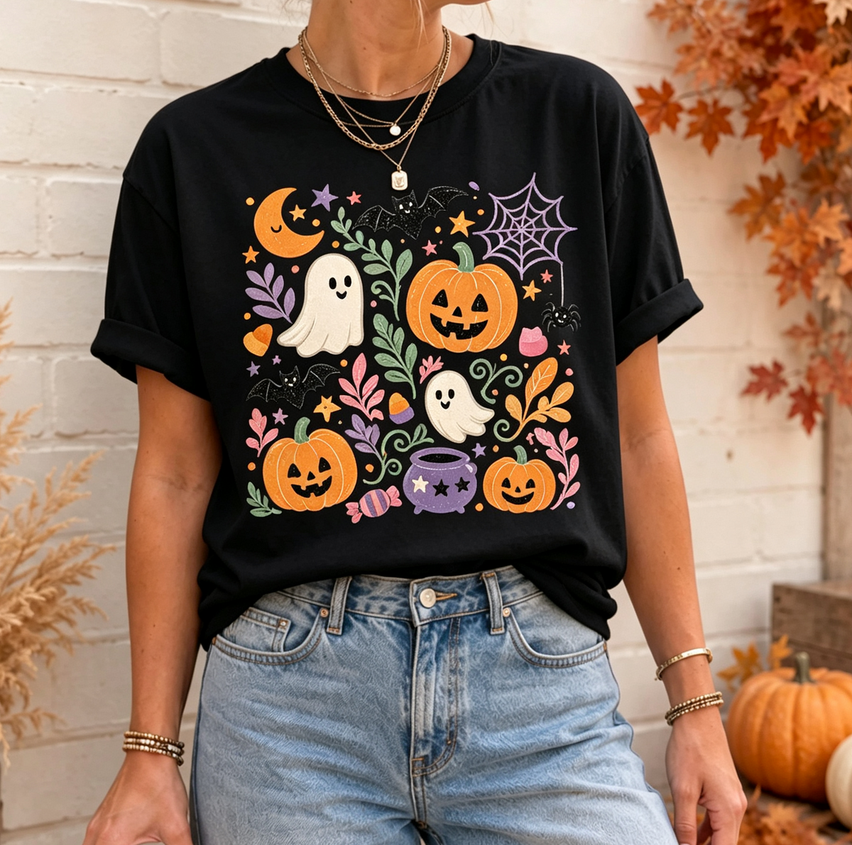 Floral Halloween Graphic T‑Shirt, Spooky Season Pumpkin Ghost Bat Short‑Sleeve Tee，Women Halloween Tshirts