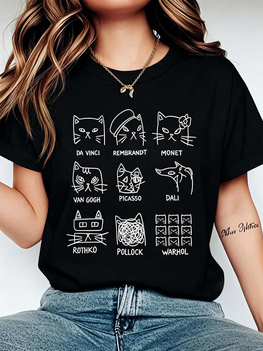 Famous Artist Cats Funny Graphic T‑Shirt, Art Lover Painter Kitten Casual Short Sleeve Tee for Women