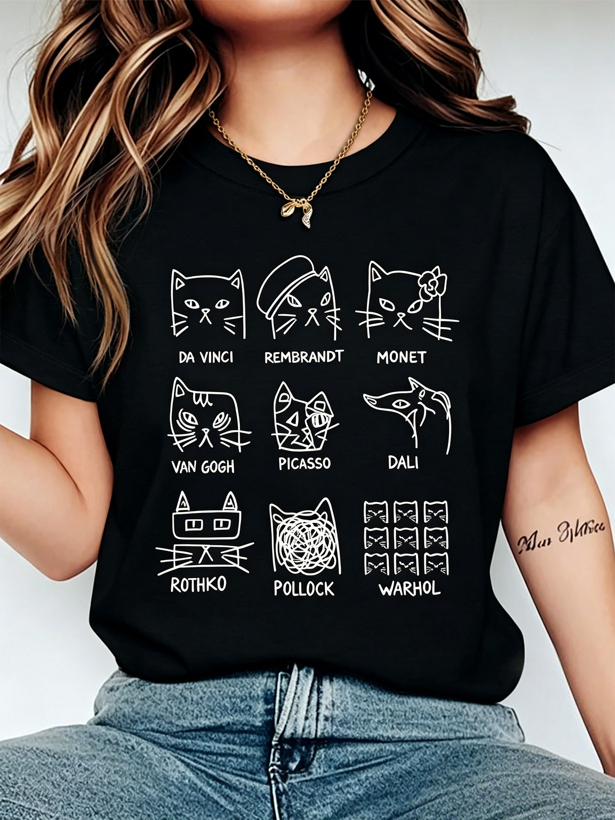 Famous Artist Cats Funny Graphic T‑Shirt, Art Lover Painter Kitten Casual Short Sleeve Tee for Women