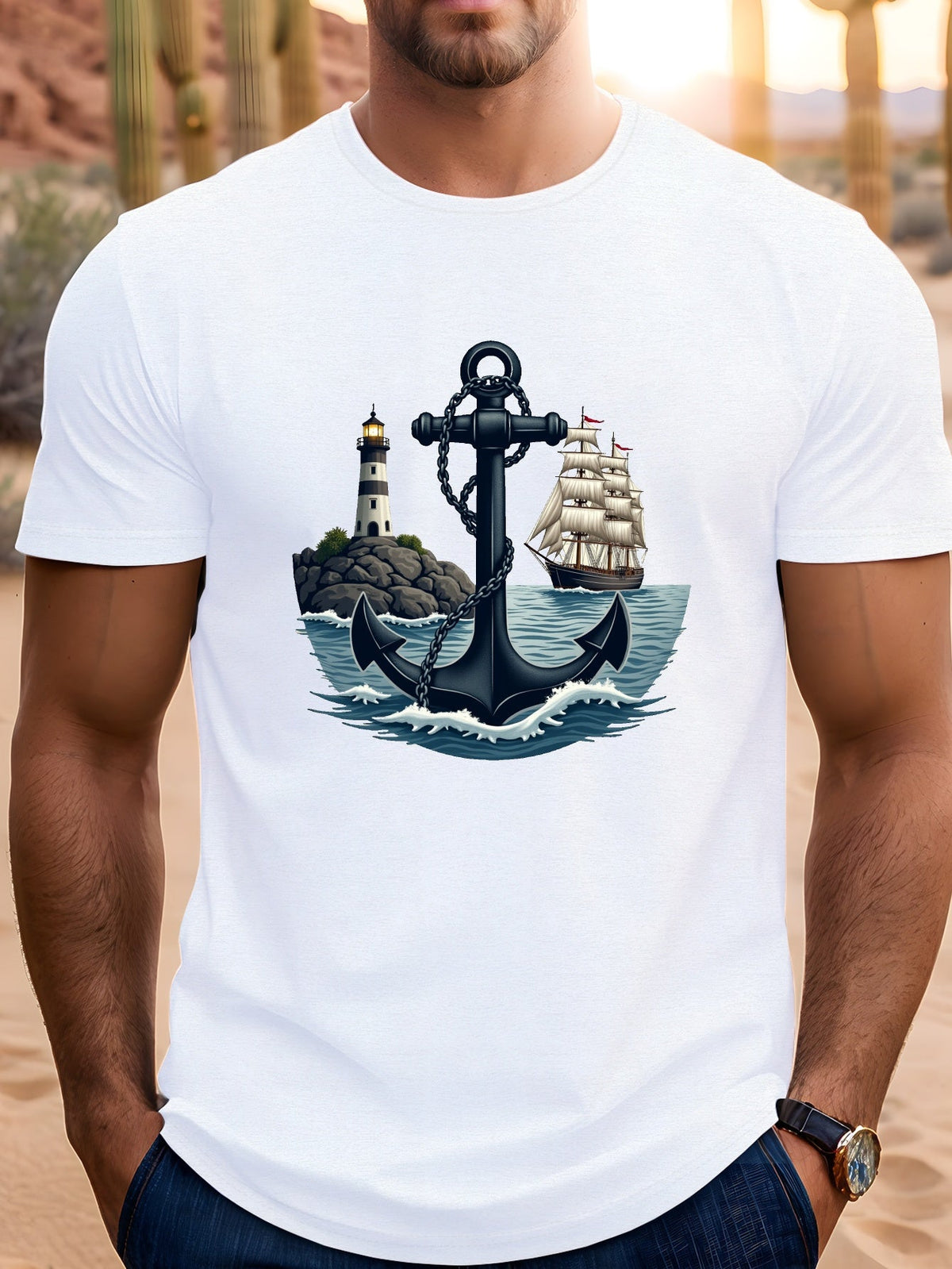 Nautical Anchor Lighthouse Tall Ship Graphic T‑Shirt, Ocean Sea Sailing Vintage Maritime Casual Short Sleeve Tee