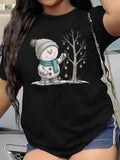 Christmas Short Sleeve T‑Shirt, Adorable Snowman With Beanie Scarf Hanging Xmas Lights On Tree Casual Graphic Tee