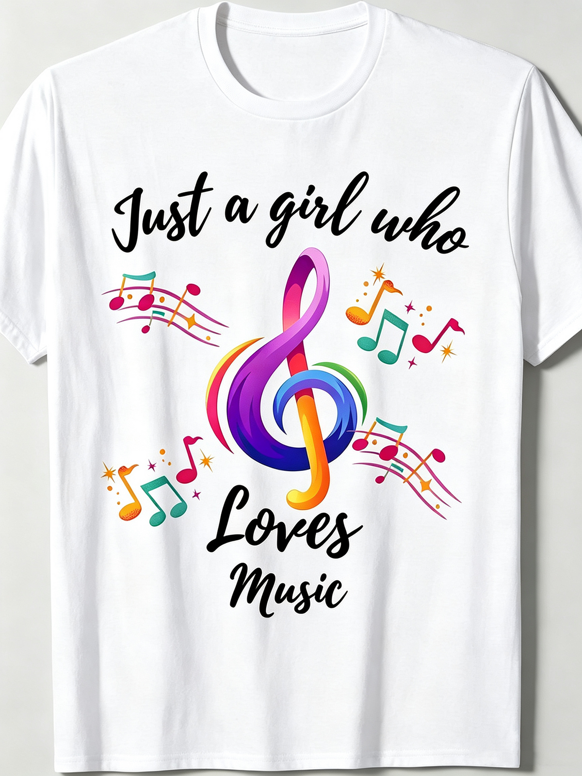 Just A Girl Who Loves Music Treble Clef Colorful Music Note Graphic Casual Crewneck T‑Shirt Music Lover Gift Top