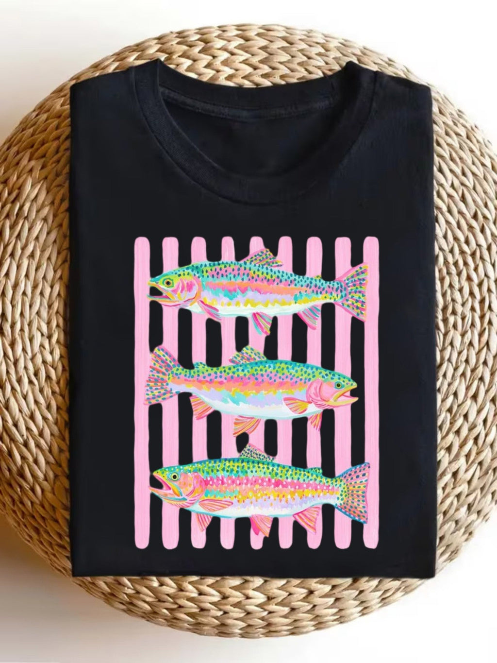 Preppy Rainbow Trout Fishing Shirt Colorful Fish Graphic Tee