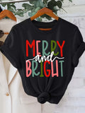 Women's Merry and Bright Letter Print Crew-Neck T-Shirt, Short-Sleeve Casual Top for Spring Summer Holiday Everyday Wear Christmas Women Tshirts