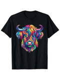 Men's Colorful Rainbow Highland Cow Graphic T‑Shirt, Vibrant Multicolor Scottish Cow Portrait Short Sleeve Casual Tee Top