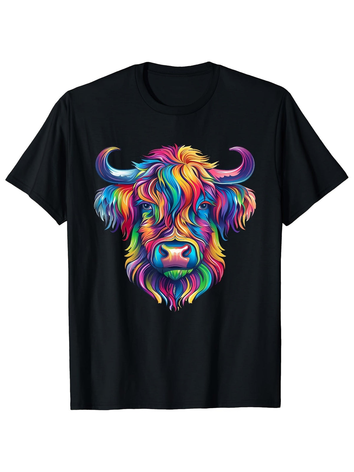 Men's Colorful Rainbow Highland Cow Graphic T‑Shirt, Vibrant Multicolor Scottish Cow Portrait Short Sleeve Casual Tee Top