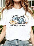 Women Funny Sleeping Duck Graphic T‑Shirt, Why Fall In Love When You Can Fall Asleep Quote Casual Short Sleeve Tee Top