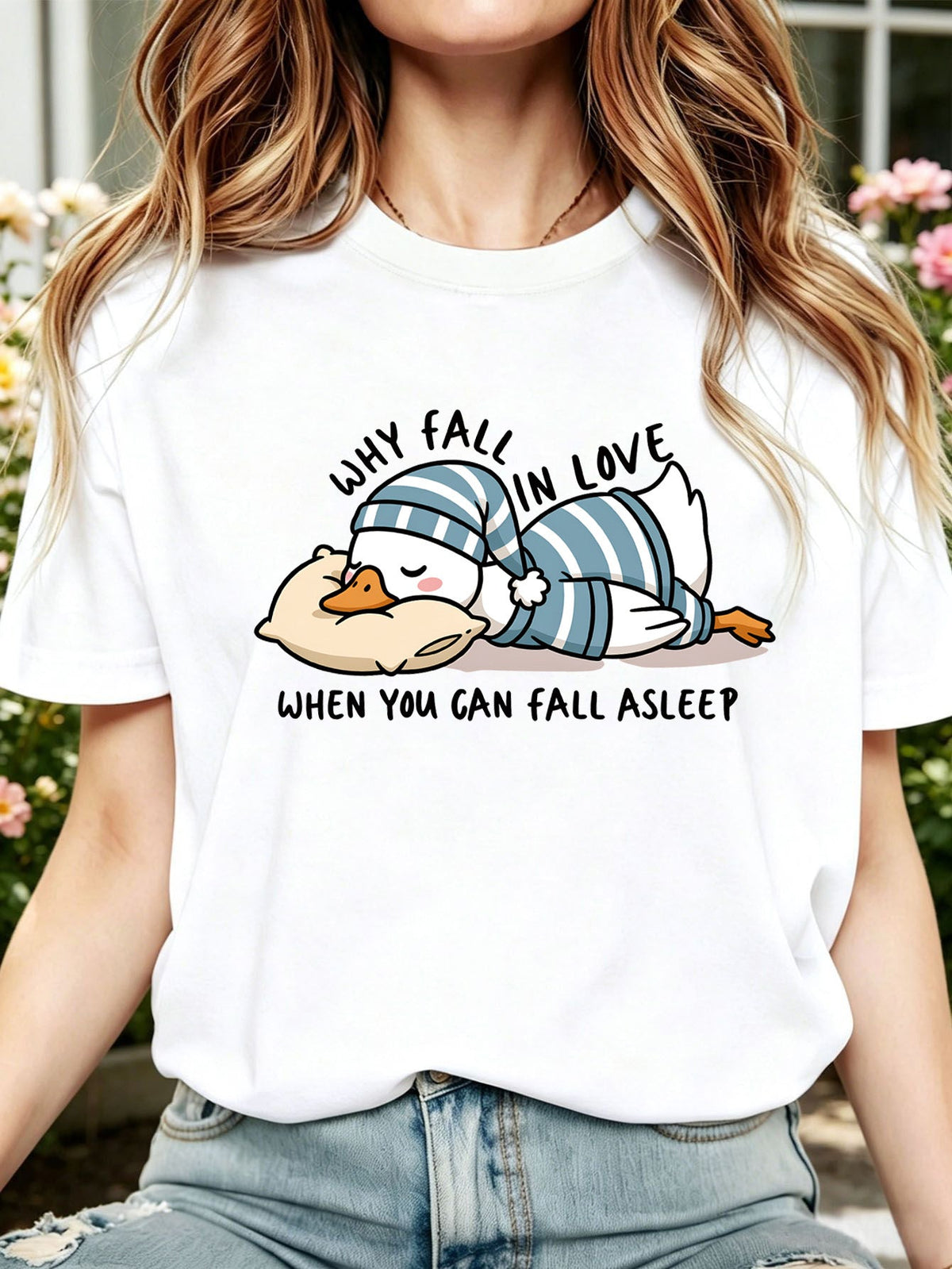 Women Funny Sleeping Duck Graphic T‑Shirt, Why Fall In Love When You Can Fall Asleep Quote Casual Short Sleeve Tee Top
