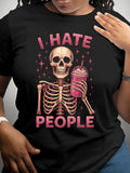 Women's short-sleeve T-shirt with pink skull theme, summer women's wear, graphic print crew-neck tee.
