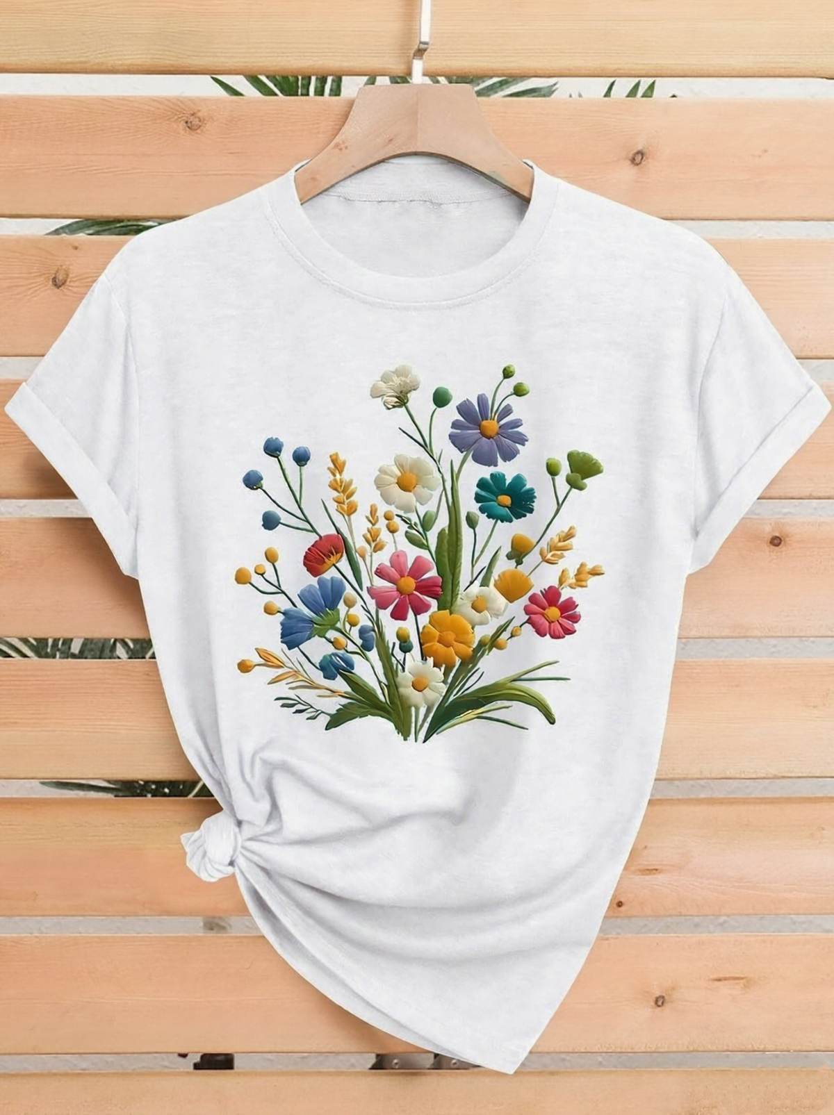 Colorful Wildflower T-Shirt, Vibrant Floral Bouquet Graphic Tee, Women's Cotton Crew Neck Short Sleeve Casual Top