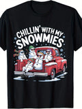 Men'S Vintage "Spending Christmas with Snow Buddies" Christmas TShirt - Snowman And Pickup Truck Pattern Short Sleeved Casual Tee Holiday Gift All-Season