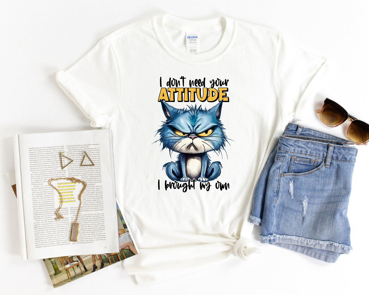 Funny Cat Graphic T‑Shirt, “I Don’t Need Your Attitude, I Brought My Own” Sarcastic Cat Short‑Sleeve Tee,Women Men Tshirts