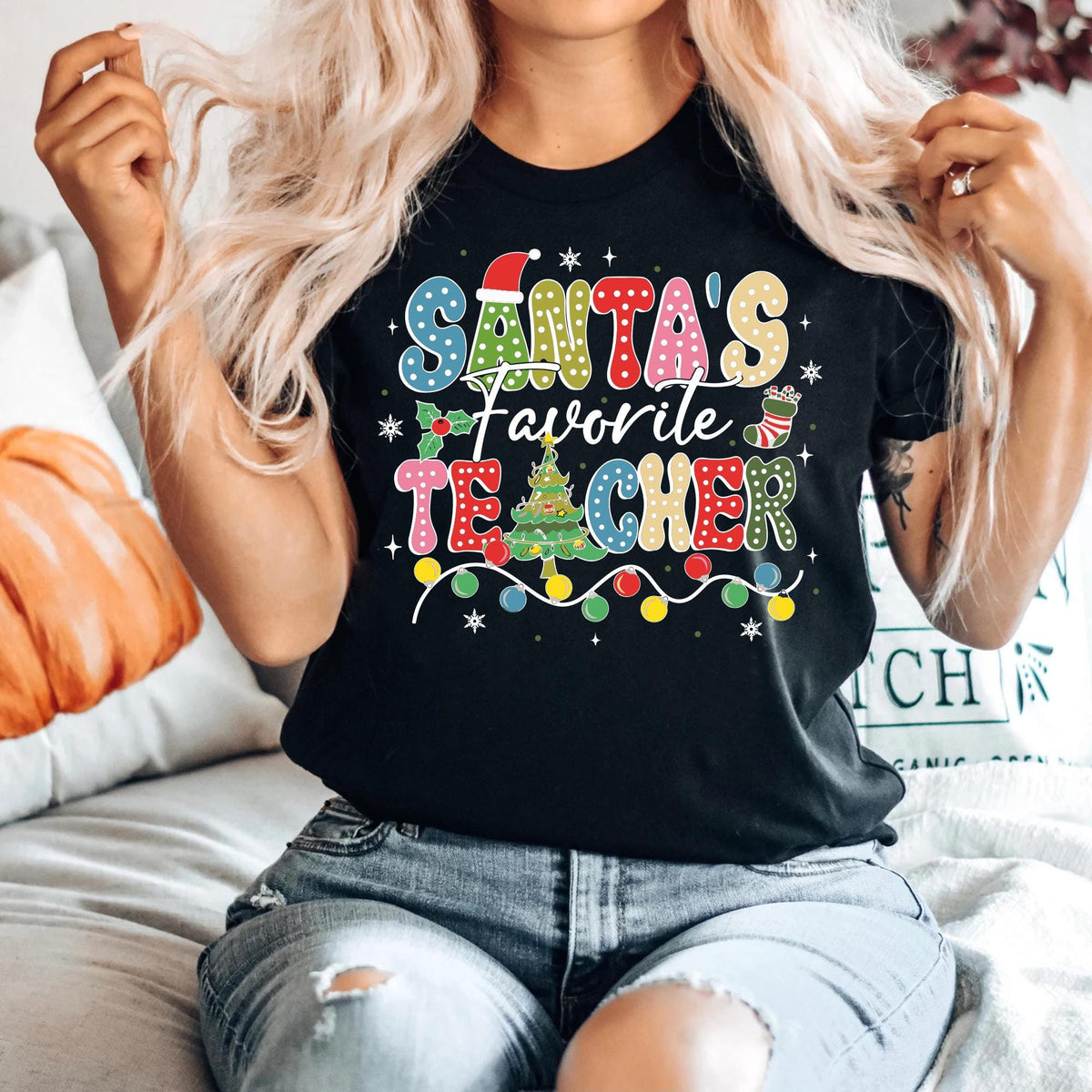 Santa's Favorite Teacher Christmas T-Shirt Crew Neck Short Sleeve Casual Tshirt Women Teacher Christmas Tshirt