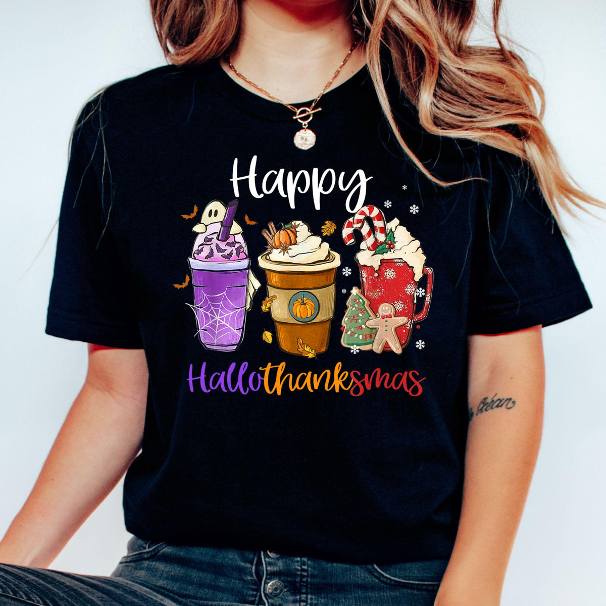 Hallothanksmas Coffee T-Shirt: Halloween Thanksgiving Christmas Tee Crew Neck Short Sleeve Casual Tshirt For Women