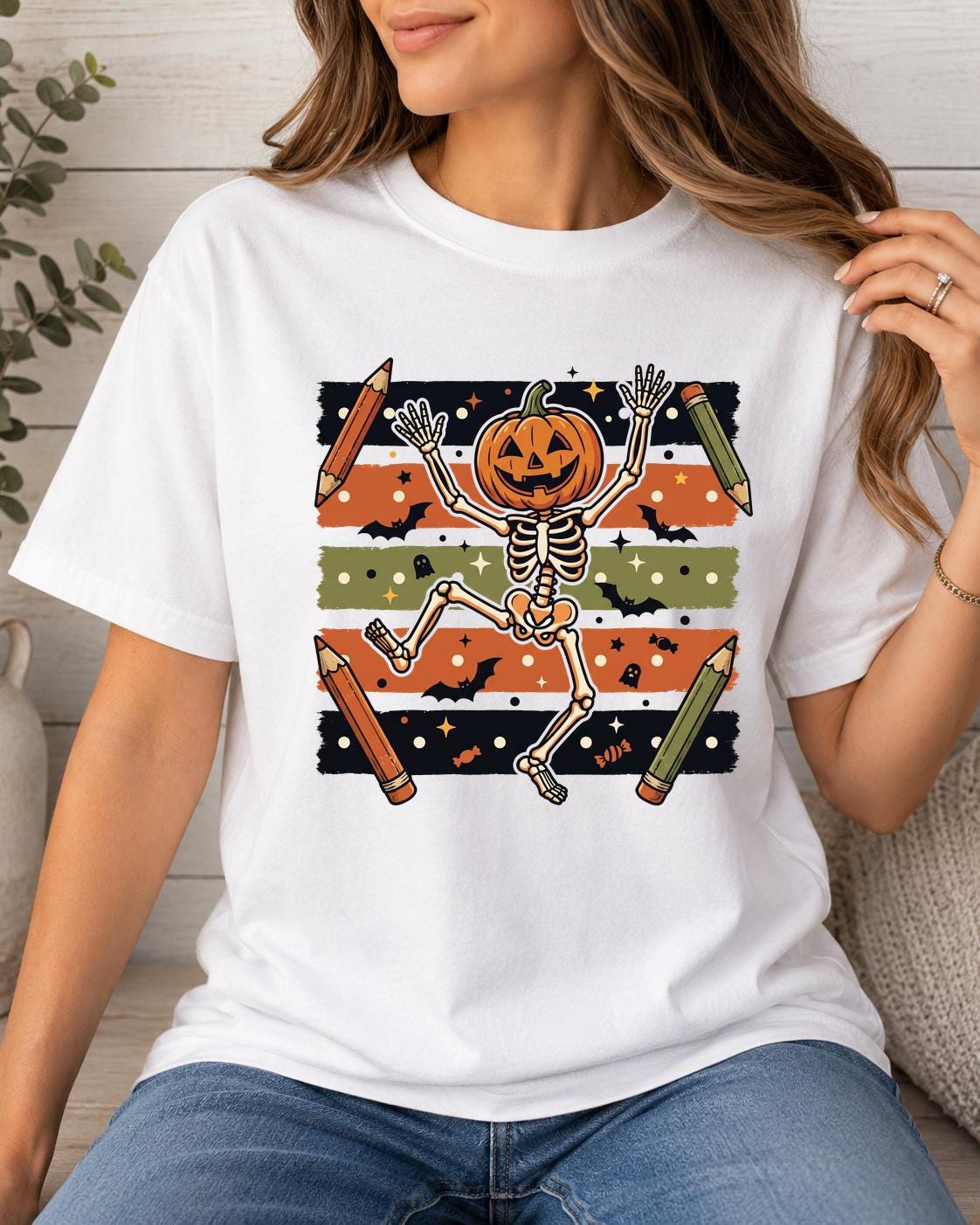 Pumpkin Skeleton Teacher Shirt, Crew Neck Short Sleeve Halloween Teacher Tee, Retro Back to School Spooky Graphic T-Shirt For Women