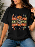 Pumpkin Skeleton Teacher Shirt, Crew Neck Short Sleeve Halloween Teacher Tee, Retro Back to School Spooky Graphic T-Shirt For Women