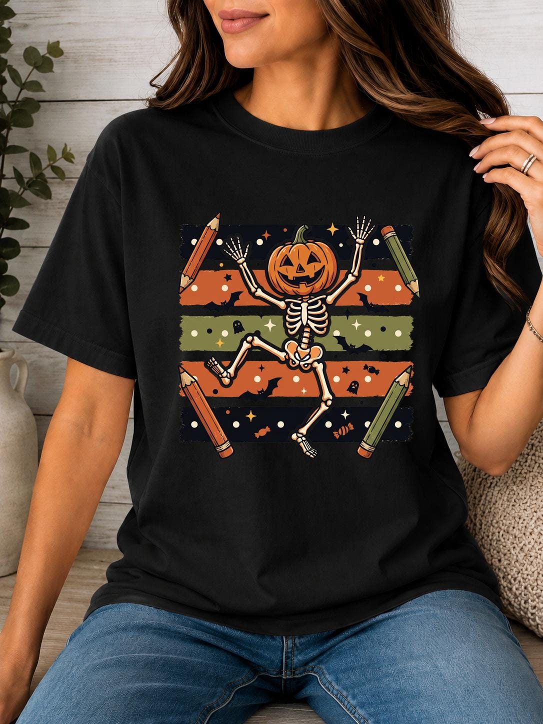 Pumpkin Skeleton Teacher Shirt, Crew Neck Short Sleeve Halloween Teacher Tee, Retro Back to School Spooky Graphic T-Shirt For Women