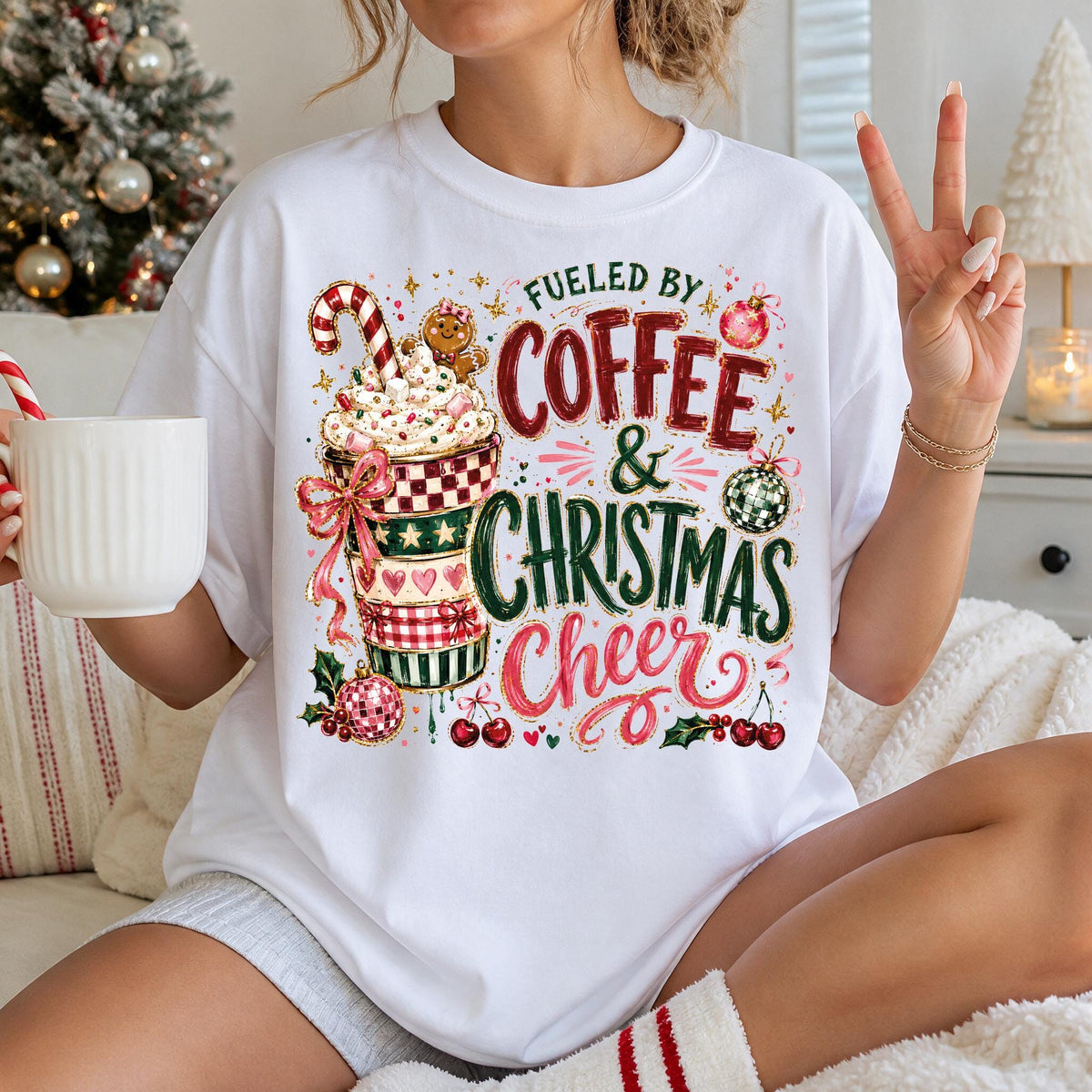 Fueled by Coffee & Christmas Cheer Graphic T‑Shirt, Women’s Christmas Coffee Lover Crew Neck Short‑Sleeve Casual Holiday Tee for Xmas Festive Wear