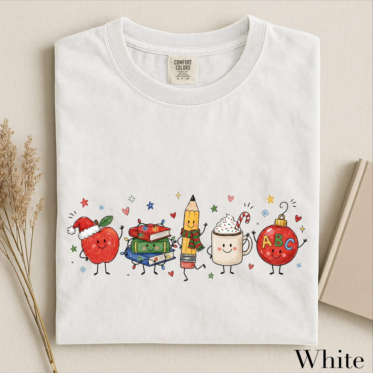 Women’s Cute Christmas Teacher Graphic T‑Shirt, Festive Classroom Holiday Crew Neck Short‑Sleeve Casual Tee with School Character Print