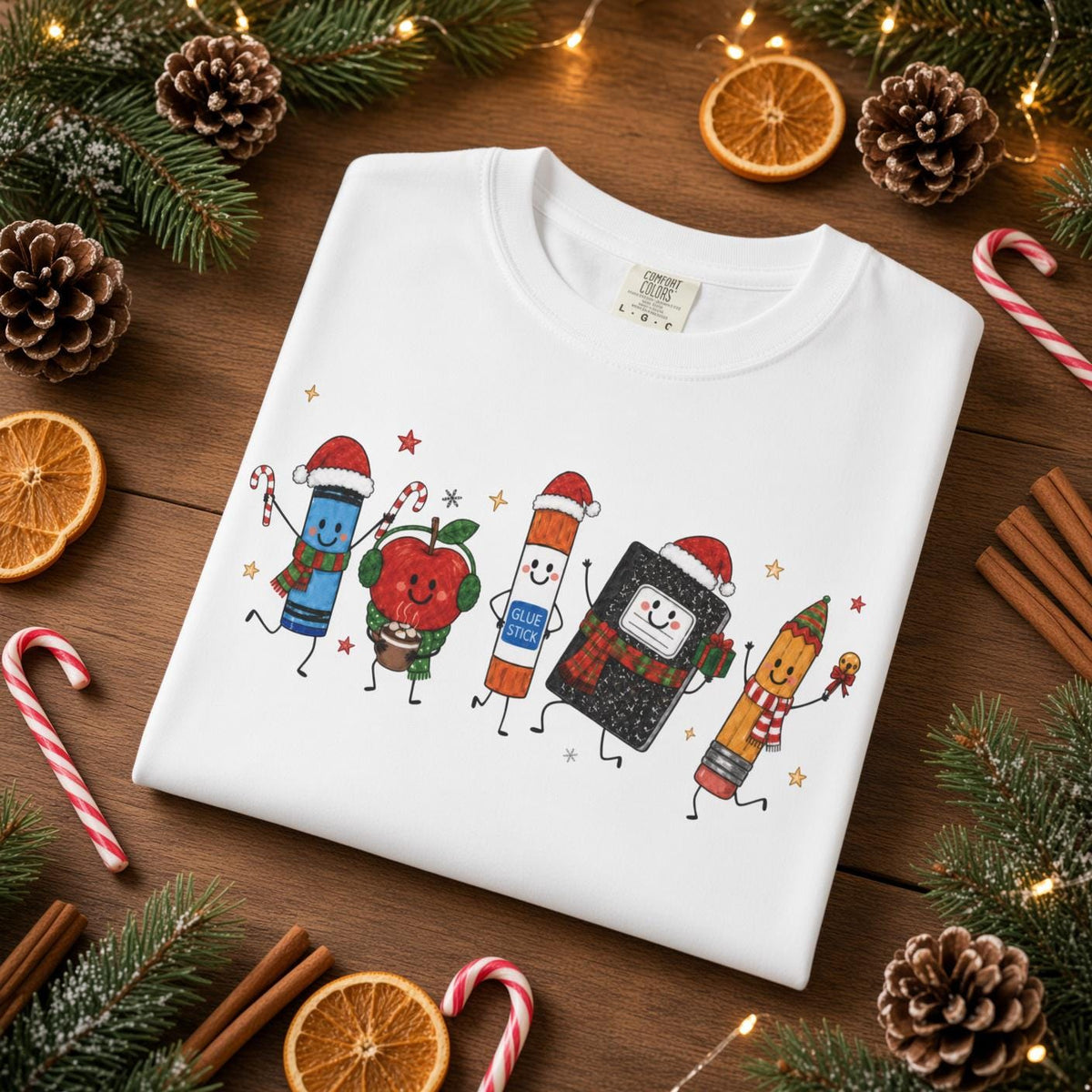 Women’s Cute Christmas Teacher Graphic T‑Shirt, Funny School Supplies Holiday Crew Neck Short‑Sleeve Casual Tee with Crayon Pencil Notebook Print