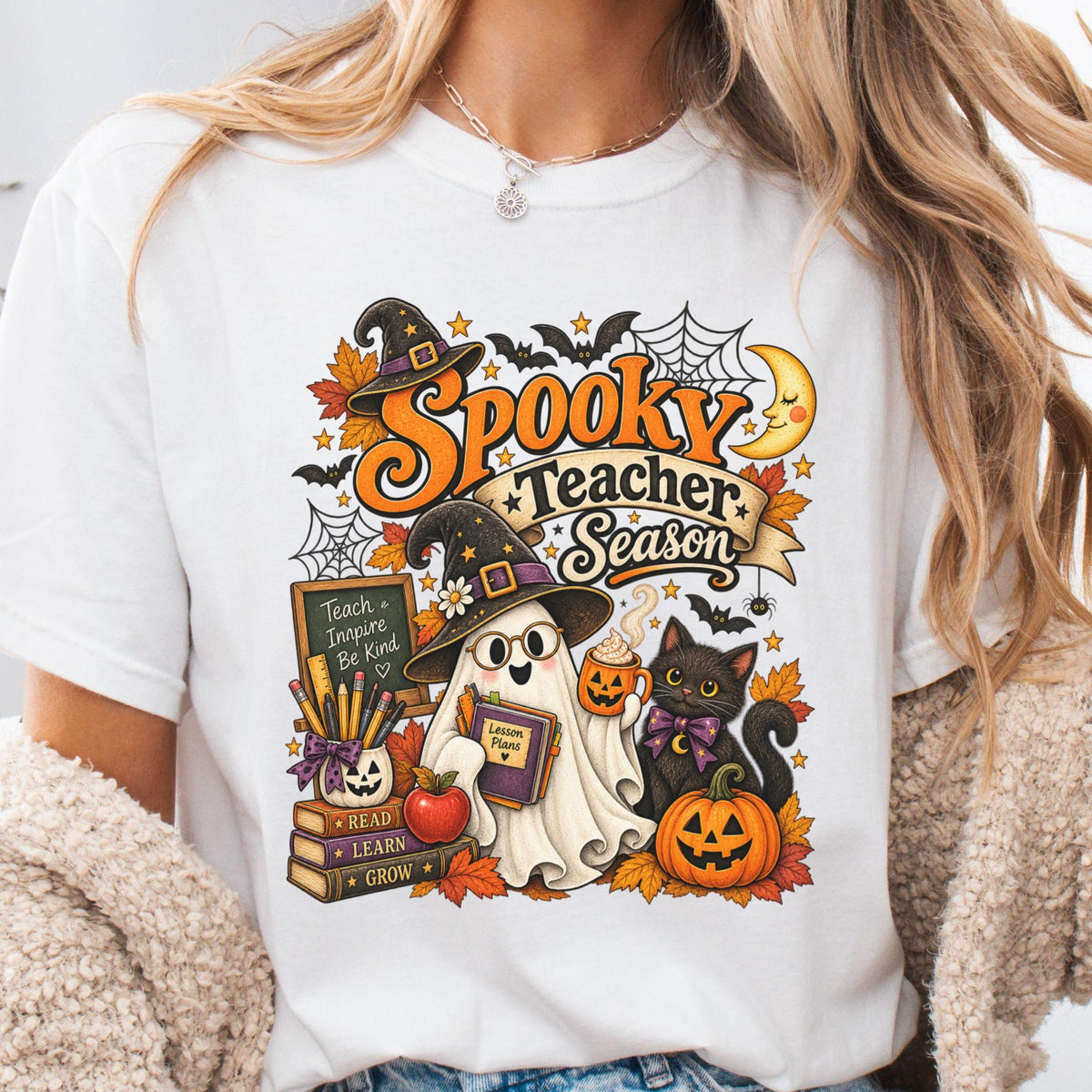Women’s Ghost Teacher T‑Shirt, Spooky Season Halloween Classroom Fall Crew Neck Short Sleeve Casual Top Halloween Teacher Tshirts