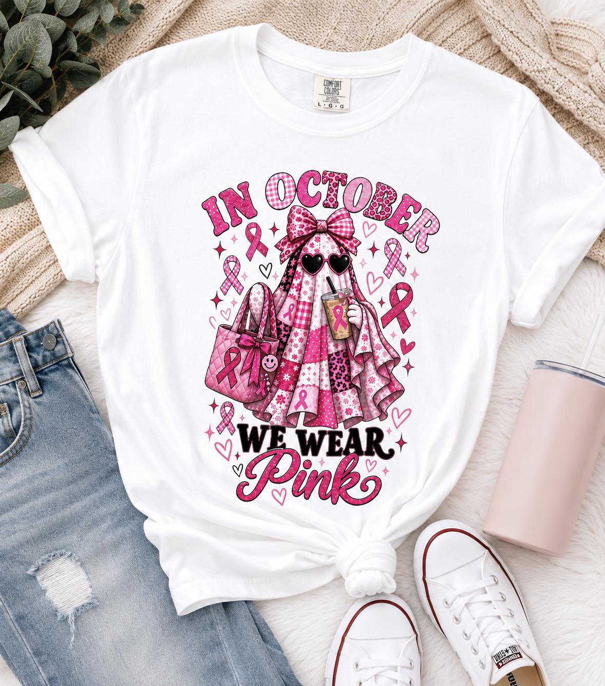 In October We Wear Pink Ghost Graphic T‑Shirt, Breast Cancer Awareness Pink Ribbon Halloween Short‑Sleeve Tee