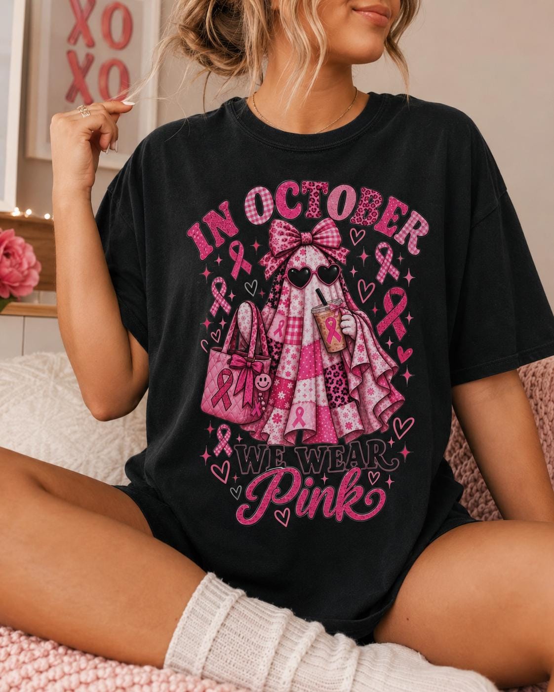 In October We Wear Pink Ghost Graphic T‑Shirt, Breast Cancer Awareness Pink Ribbon Halloween Short‑Sleeve Tee