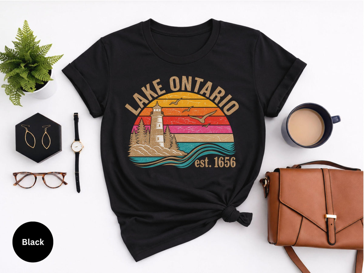 Vintage Lake Ontario Graphic T‑Shirt, Retro Lighthouse Canada Travel Crew Neck Short‑Sleeve Casual Tee for Women