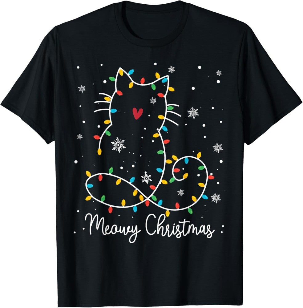Cute Cat Meowy Christmas Light Cat Lover Mom Dad Merry Xmas T-Shirt