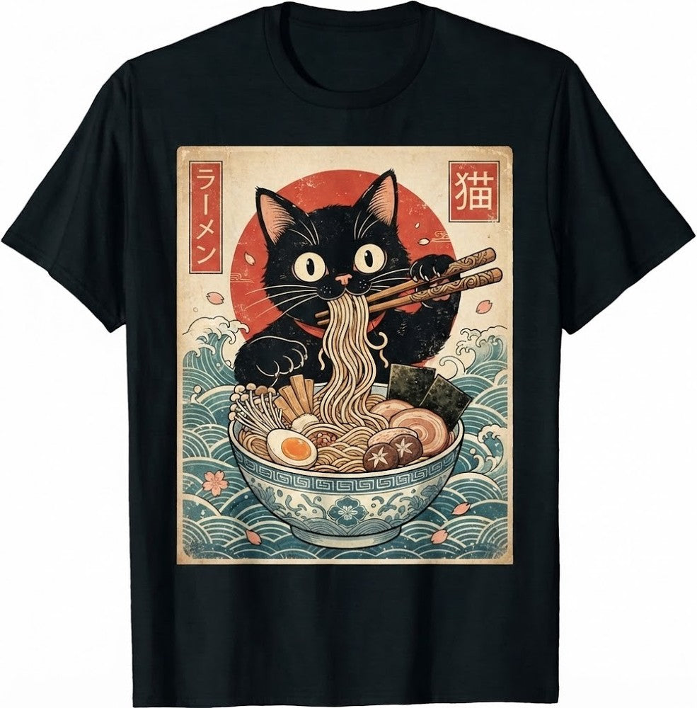 Japanese Ramen Cat T-Shirt, Cute Anime Kitten Eating Noodles Graphic Tee