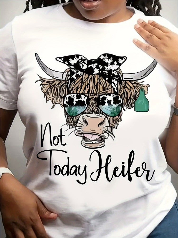 Women’s Western Highland Cow Graphic T‑Shirt, Not Today Heifer Funny Country Farm Short‑Sleeve Casual Women Tshirts
