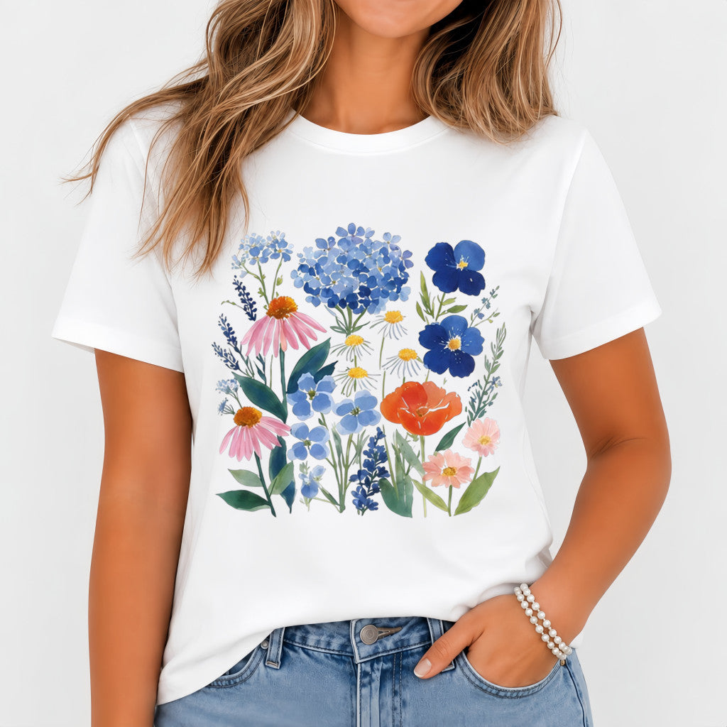 Women’s Watercolor Floral Graphic T‑Shirt, Boho Wildflower Summer Casual Cotton Short‑Sleeve Tee Women Clothing
